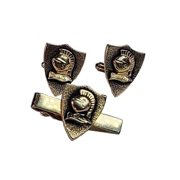 Vintage Swank Knight On Shield Cuff Links And Tie Bar Gold Tone 3 Piece Set
